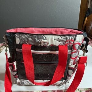 Floral Patterned Tote Bag with Red Straps